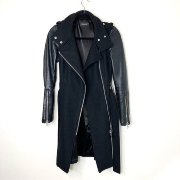 Aritzia Mackage Dale Wool Trench Coat Asymmetrical Leather Sleeves Black XXS - Picture 4 of 16